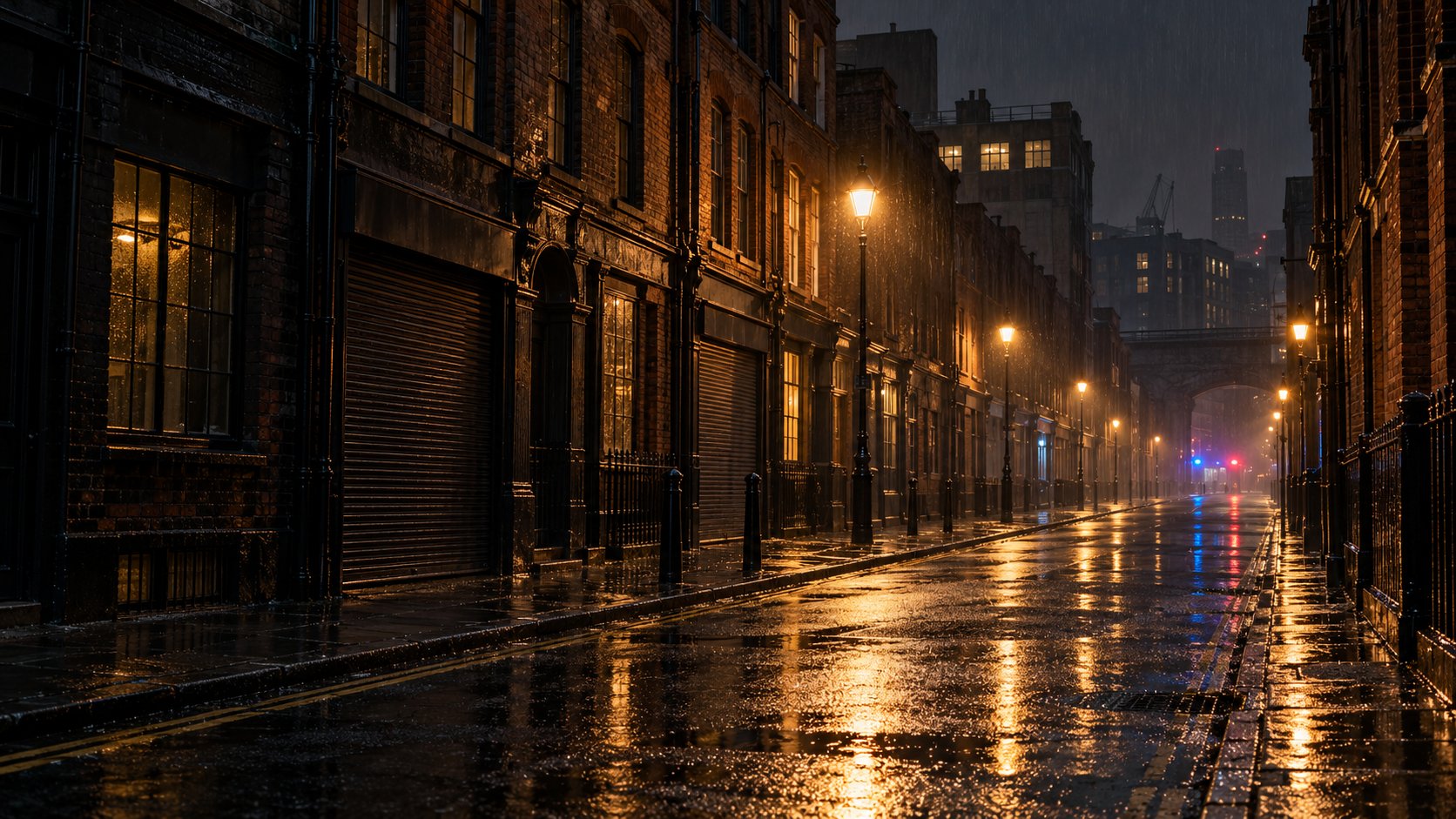 Rain-soaked British street at night, with amber street lights and distant police lights
